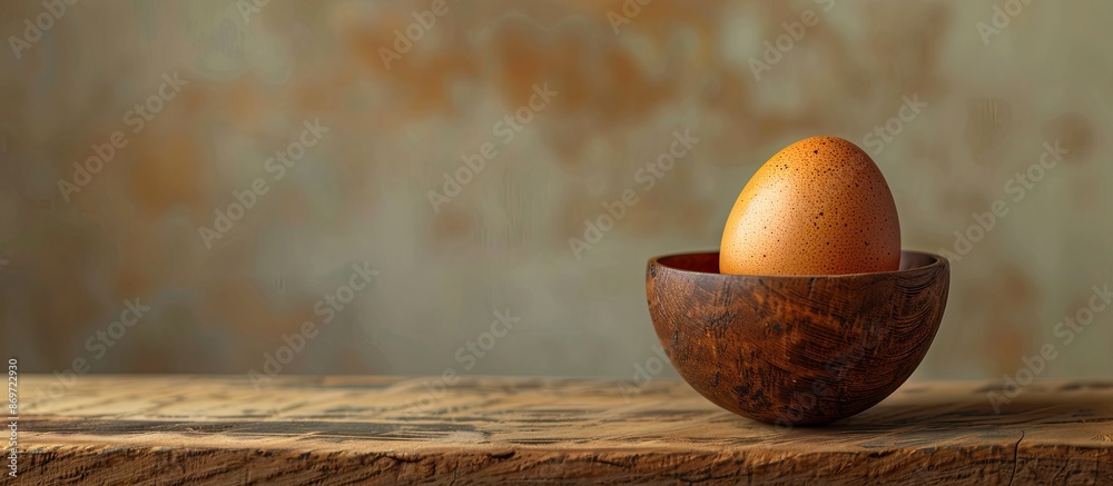 Poster Wooden bowl with a chicken egg on a table with ample space for a copy space image.
