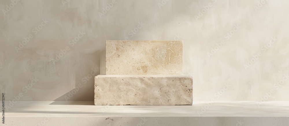 Aufkleber front view of a travertine-tiled product presentation podium against a white backdrop, suitable for 