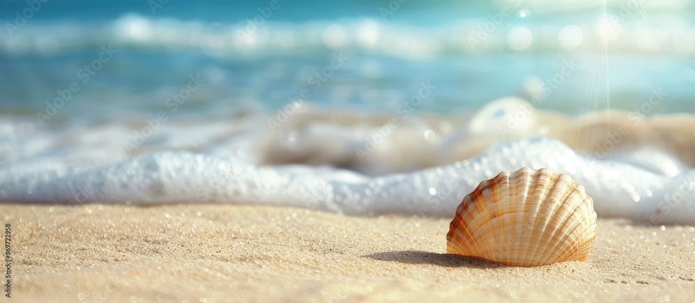 Aufkleber A seashell rests on a sandy beach with a summer background, providing a copy space image suitable for use as a banner.