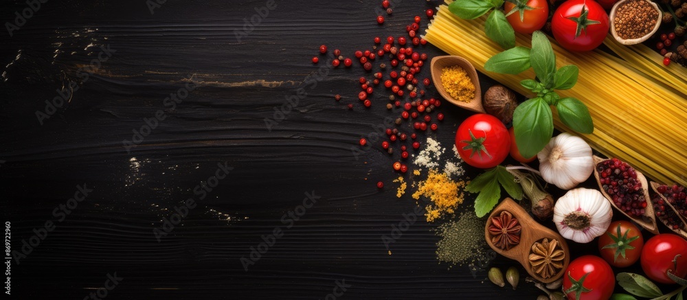 Canvas Prints Italian cooking essentials: pasta, veggies, spices, showcased in a top view for a copy space image.