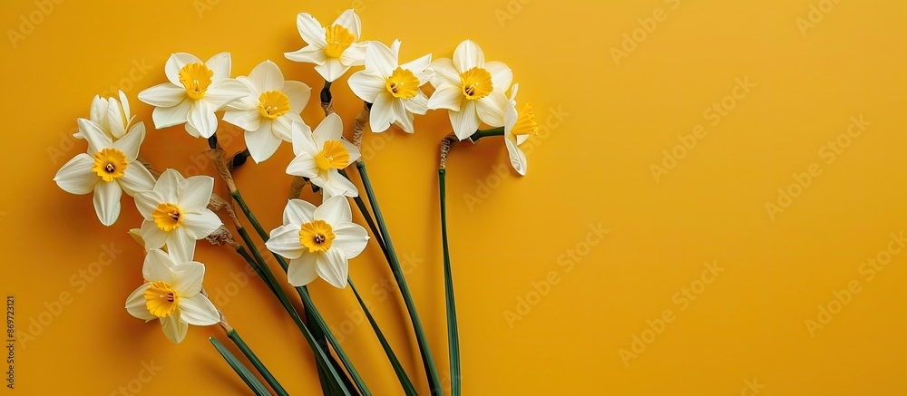 Poster minimalistic spring concept featuring a bouquet of daffodils against a yellow backdrop with a copy s
