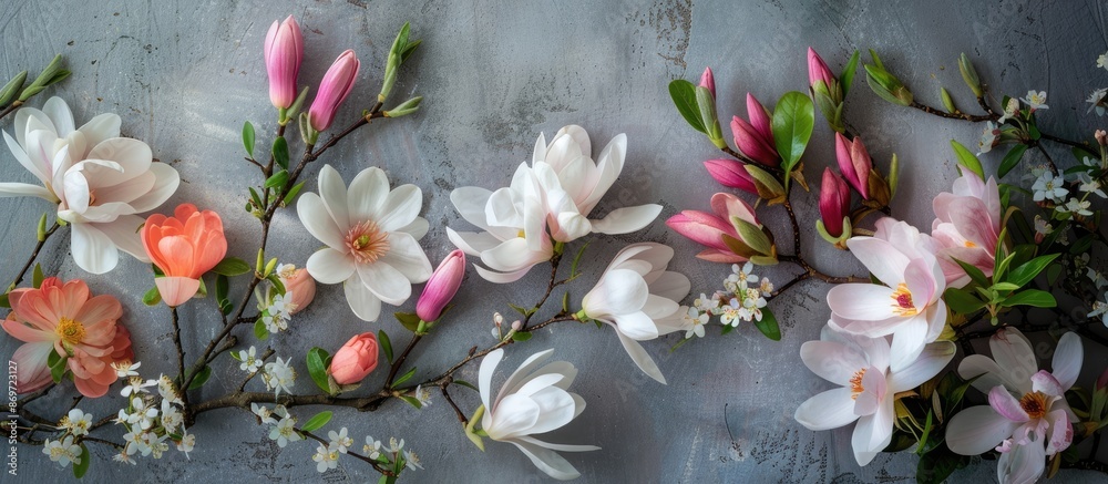 Aufkleber a selection of spring blossoms displayed from above against a muted gray backdrop, with room for mor