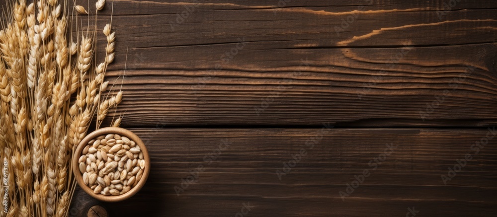 Poster pearl barley grain set against a rustic wooden backdrop with copy space image.