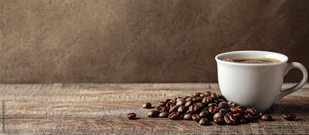 Poster Coffee cup and coffee beans are displayed on a table with empty space for text or logos known as a copy space image.
