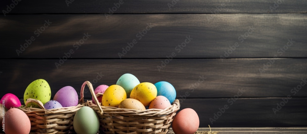 Aufkleber Wooden surface with wicker baskets and colorful Easter eggs in a copy space image.