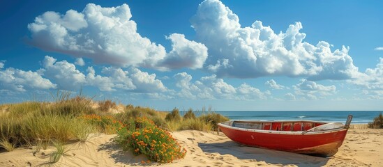 Fototapeta premium A sunny summer day at Zahara de los Atunes beach displays a boat and flowers on the sandy dunes beneath a blue sky with fluffy clouds, offering a serene copy space image.