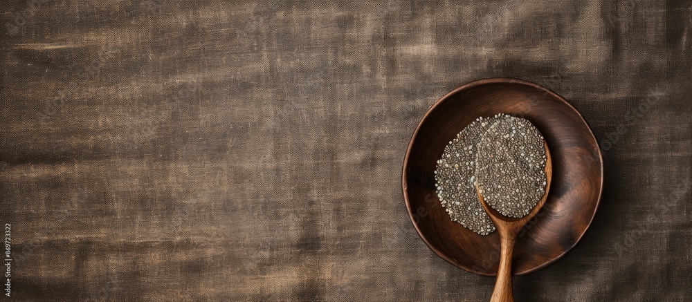 Aufkleber Flat lay featuring a wooden bowl filled with chia seeds on a textured burlap backdrop. A spoon is placed on top, emphasizing the copy space image layout.