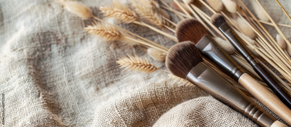 Poster Makeup brushes displayed on a beige fabric background with copy space image for custom designs, websites, and advertisements.