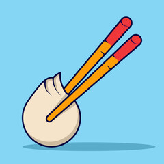 Dim Sum Icon Concept With Vector Cartoon Chopsticks. Asian food. Cute cartoon dim sum in wooden box with chopsticks. traditional Chinese dumplings. Flat Cartoon Style Vector Food Object Icon Concept.