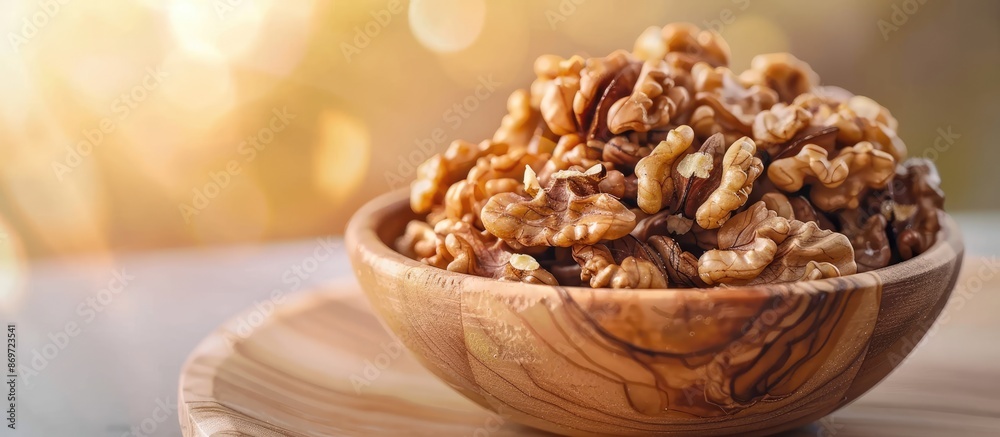 Poster close-up of walnut kernel halves in a wooden bowl on a colored background, emphasizing healthy eatin