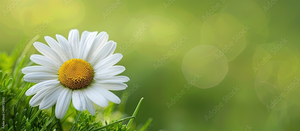 Poster close-up shot of a pretty daisy flower with a lush green backdrop in a photo with blank space for te