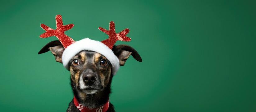 Holiday-themed Dog wearing reindeer antlers headband against solid green background as part of New Year and Christmas concept with copy space image.