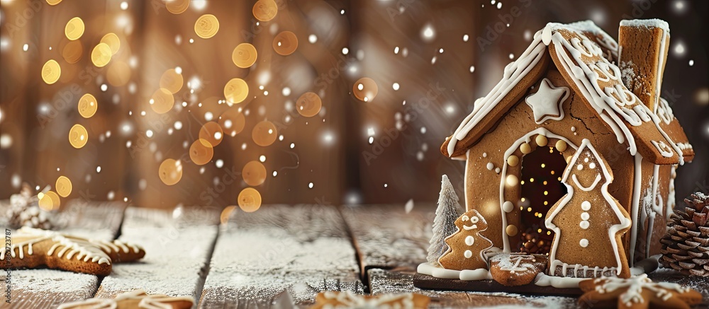 Poster rustic wooden table with a christmas gingerbread house displayed, featuring copy space image.