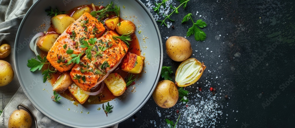 Poster salmon dish marinated with onion, served with bread and boiled potatoes, all against a simple backgr