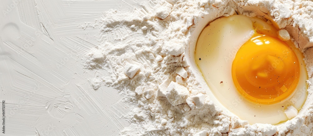 Aufkleber top view of flour and eggs for dough preparation on a white background with a close-up focus, provid