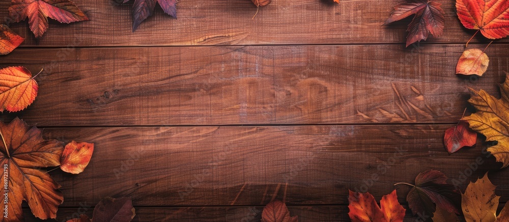 Poster thanksgiving autumnal background with colored leaves on wooden board, providing a cozy and inviting 