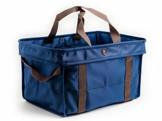 Blue foldable shopping basket with handles isolated on white background