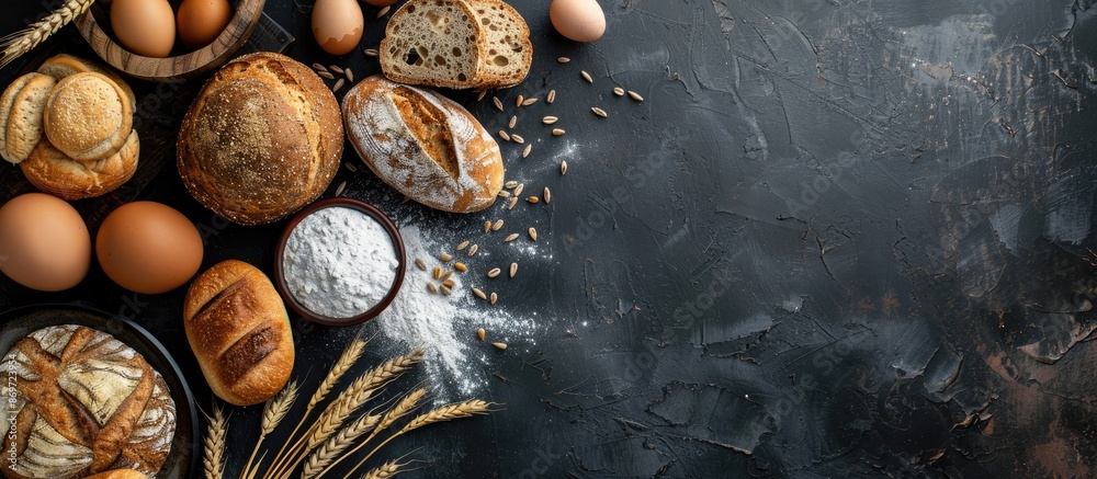 Poster Variety of bread types on a dark background with eggs, flour, wheat ears in a top-view setup for a bakery concept copy space image.