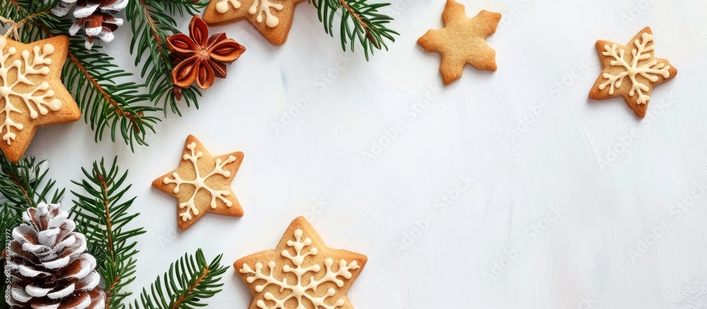 Poster cookie christmas tree frame on a white background with copy space image.