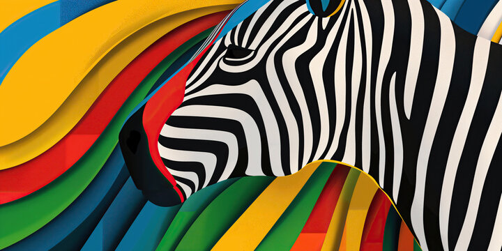 An abstract vector illustration of a zebras stripes against a colorful background of swirling waves.