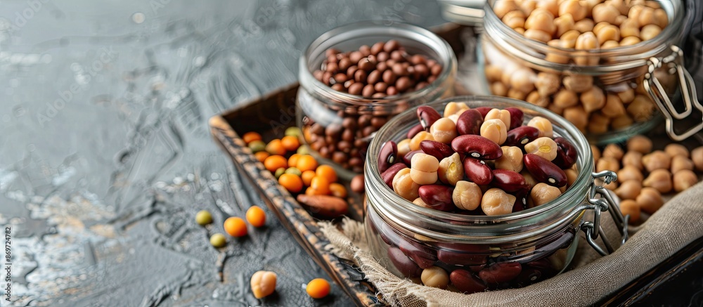 Poster displaying a healthy food concept, jars filled with kidney beans and chickpeas on a wooden tray agai