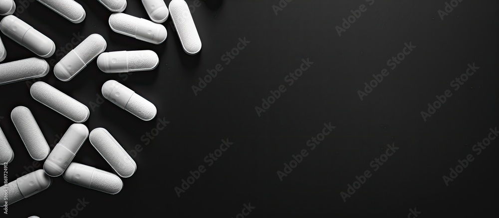 Poster white pills or capsules contrast against a black backdrop, creating an ideal copy space image.