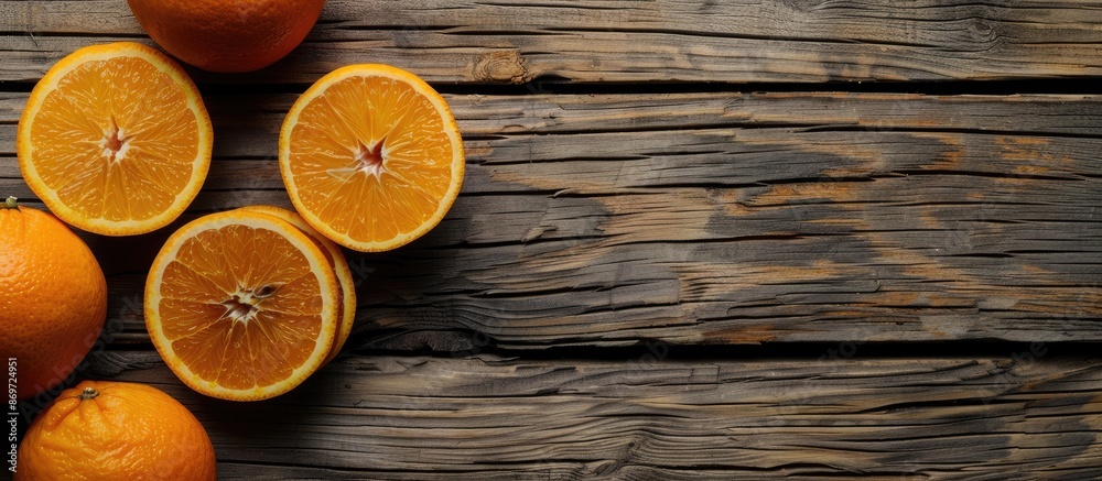 Poster Fresh whole and sliced oranges arranged on a wooden backdrop from a top perspective, with room for additional elements in the image.