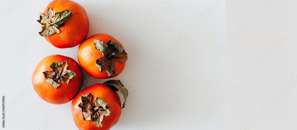 Poster a vibrant persimmon fruit set against a clean white backdrop, creating a striking composition with c