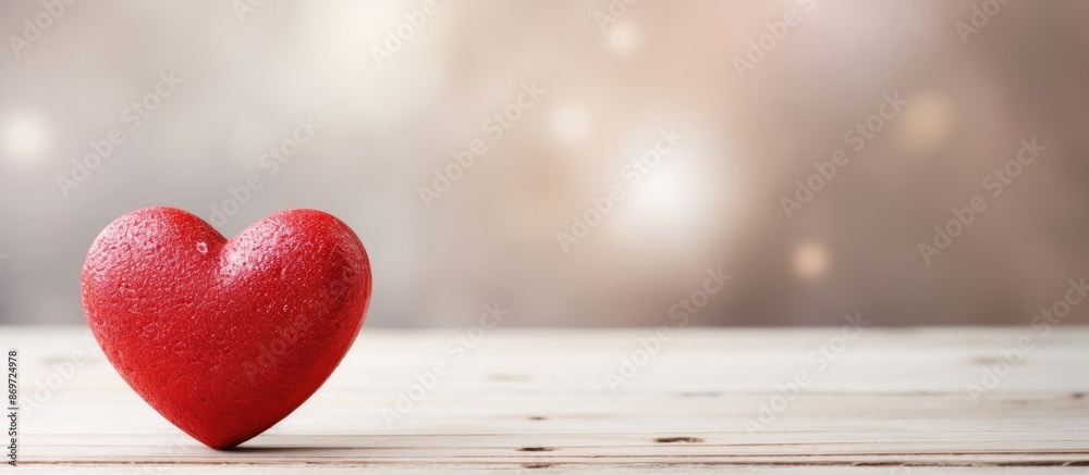 Poster Valentine's Day concept with a red heart on a white rustic wooden background, creating a soft focus effect, ideal for images with copy space.