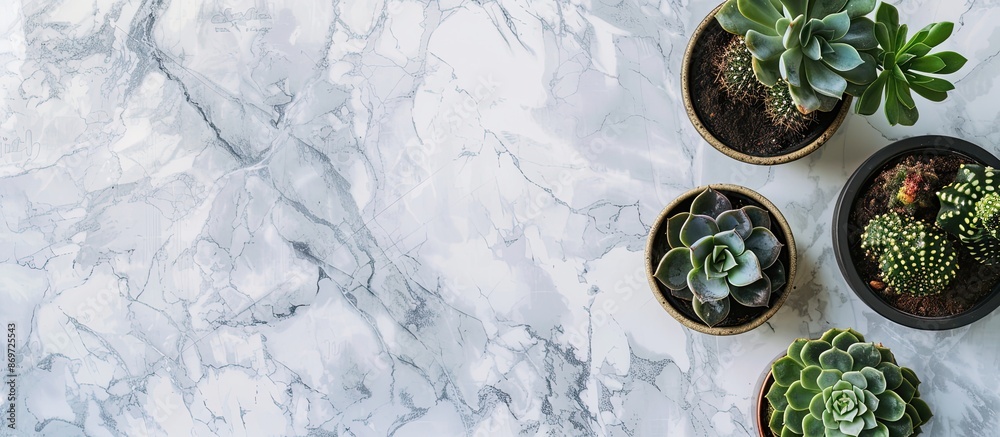 Aufkleber Stylish flowerpots with beautiful succulent plants sit on a marble background in a flat lay arrangement with a copy space image for text about home decor.