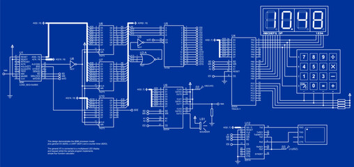 Vector electrical schematic diagram of integer
calculator based on microcontroller. Displaying
pressed keyboard keys and results
of mathematical operations on seven segment display.