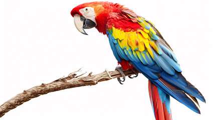 Fototapeta premium beautiful Scarlet macaw bird on branch isolated on white background.