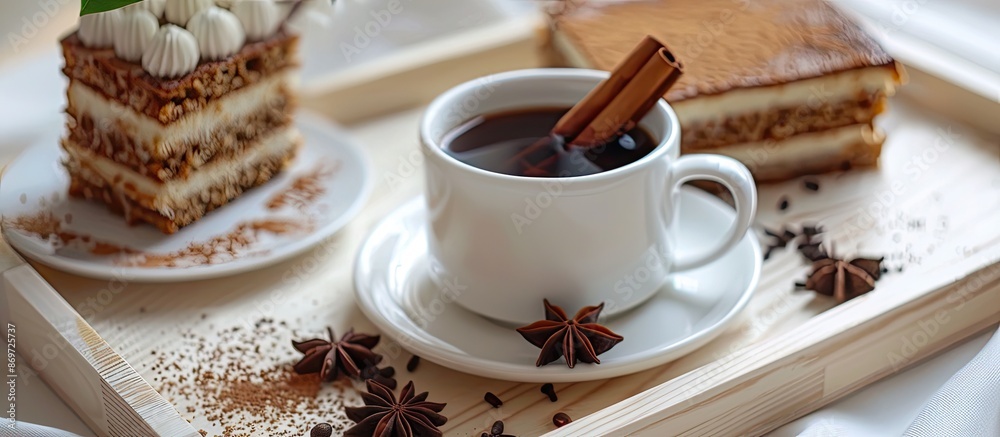 Poster a cup of coffee rests on a tray next to a cake with cinnamon and anise, set against a white backgrou