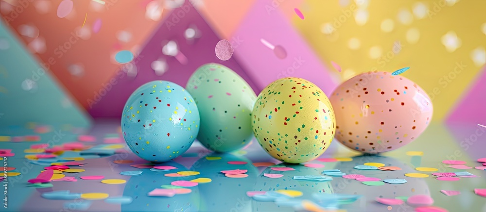Aufkleber studio-lit plastic easter eggs in blue, green, yellow, and pink on a textured paper with confetti ag