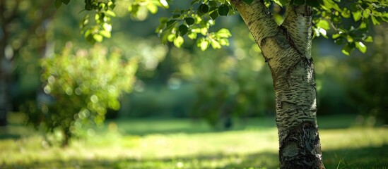 Fototapeta premium A tree with pale bark grows in a sunny orchard garden against a blurry green copy space image.