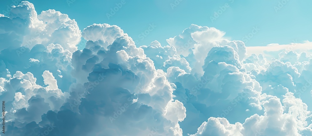 Poster a close-up of a serene blue sky with fluffy white clouds, with space for adding images.
