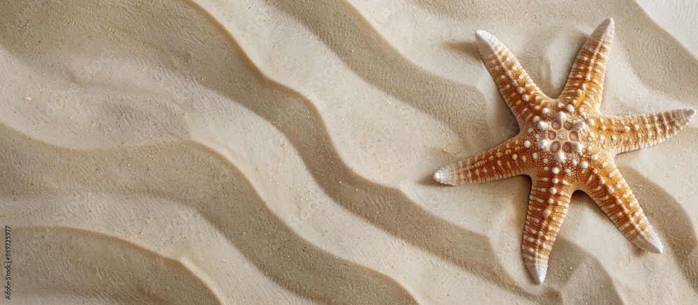 Aufkleber Beach holiday theme captured in a top view flat lay image with a starfish on light sandy texture, emphasizing a summer concept with ample copy space.