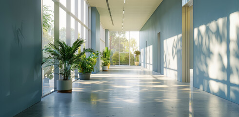 Obraz premium A large, empty hallway with a few potted plants and a window by AI generated image