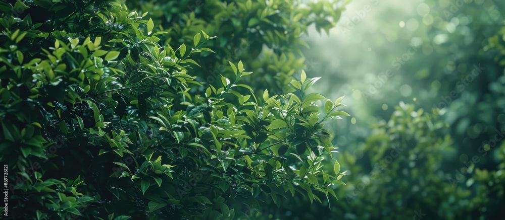 Poster summer forest backdrop with lush green tree branches, ideal for a copy space image.