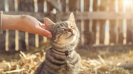 Obraz premium A person gently pets a tabby kitten that is resting in hay. The kitten is relaxed and has its eyes closed