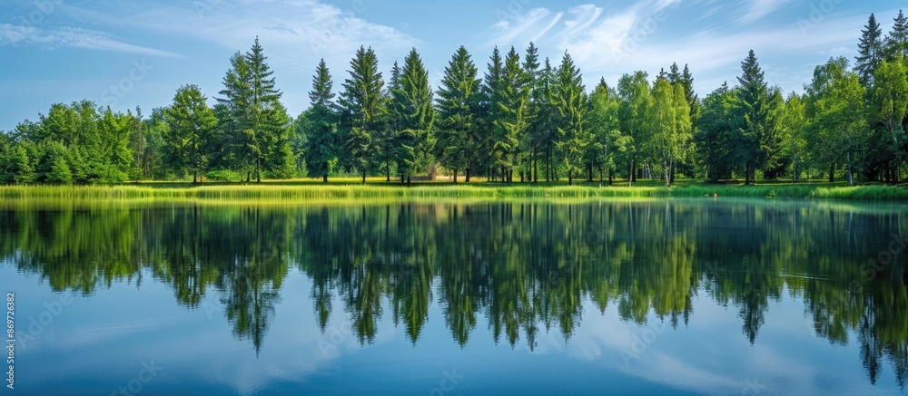 Poster A serene summer scene of trees mirrored in a lake with copy space image available.