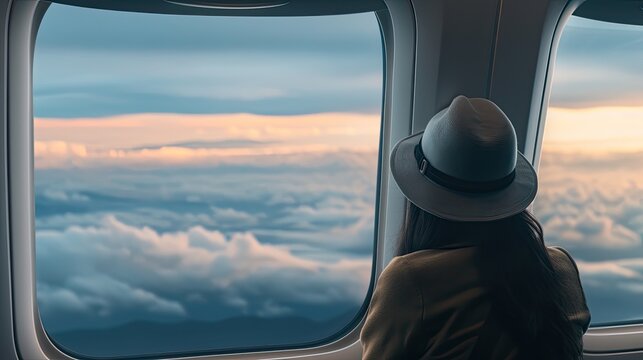 A woman wearing a straw hat looks out the window of an airplane at the clouds and a sunset in the distance