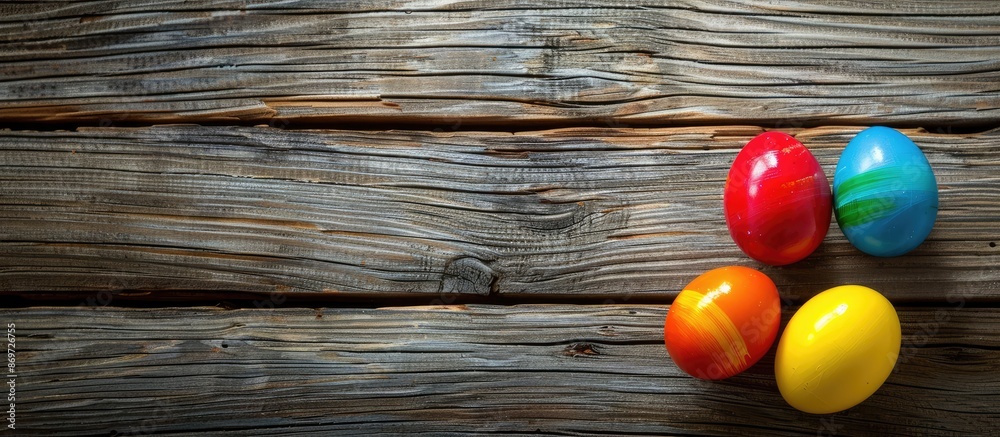 Poster colorful plastic easter eggs displayed on a wooden background with space for your own image.
