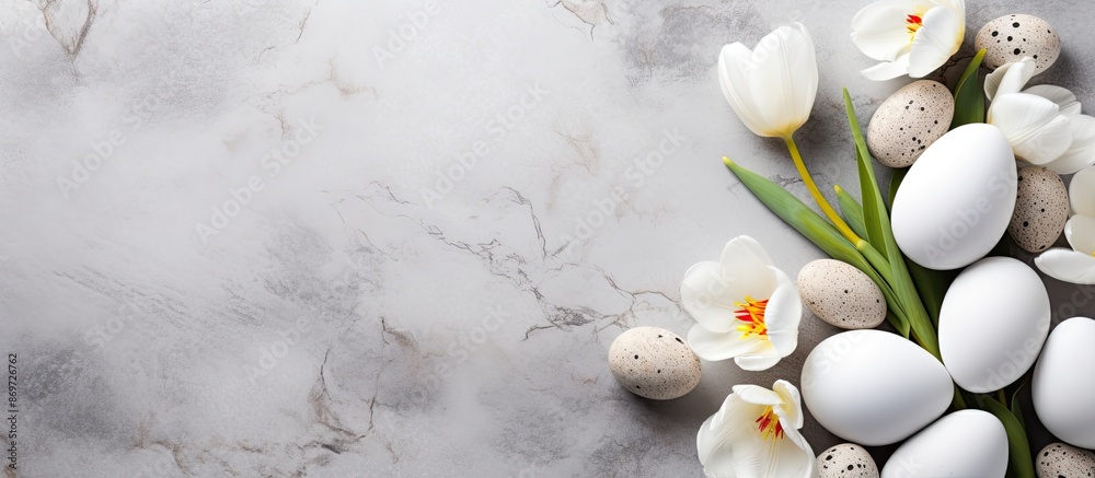 Aufkleber spring and easter theme displayed with gorgeous white tulips, vibrant quail eggs nestled in a nest, 