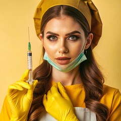 A nurse wearing an apron and hold on injection. face reaction thinking on a solid background. beautiful woman