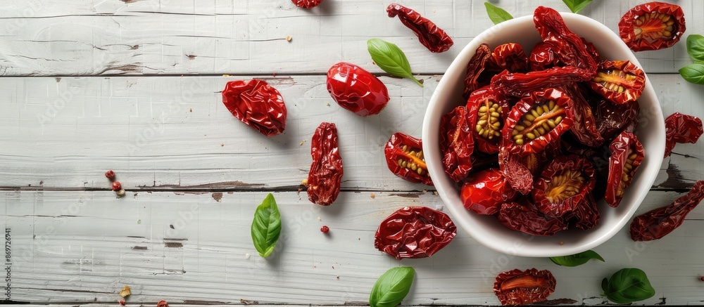 Poster whole sun-dried tomatoes on a white wooden table with copy space image.