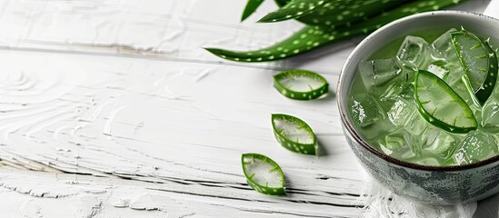 Obraz premium Close-up image of a white wooden table with a bowl of aloe vera gel and plant slices, leaving room for text in the photo.