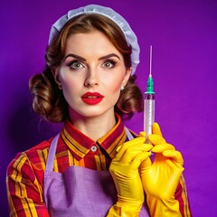 A nurse wearing an apron and hold on injection. face reaction thinking on a solid background. beautiful woman