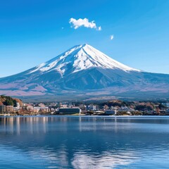 Fototapeta premium A stunning view of Mount reflected in the calm waters of Lake, with a small town nestled at its base