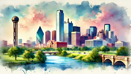 Wandcirkels Aquarelschilderij wolkenkrabber Watercolor painting of Dallas's iconic skyline, with modern skyscrapers, the Trinity River, and lush parks.  © Paintbrush